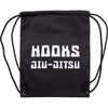 Black drawstring bag with ‘HOOKS JIU-JITSU’ text, ideal for carrying martial arts gear.
