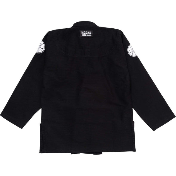 Black kimono/gi with ‘HOOKS Arte Suave’ label, durable fabric, suitable for martial arts training.