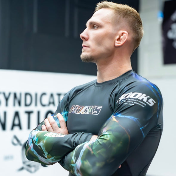 Ready for Anything: Hooks Long Sleeve BJJ Rash Guard - Dark Lights