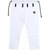 White BJJ pants with black drawstrings and logo, designed for comfort and flexibility in martial arts training