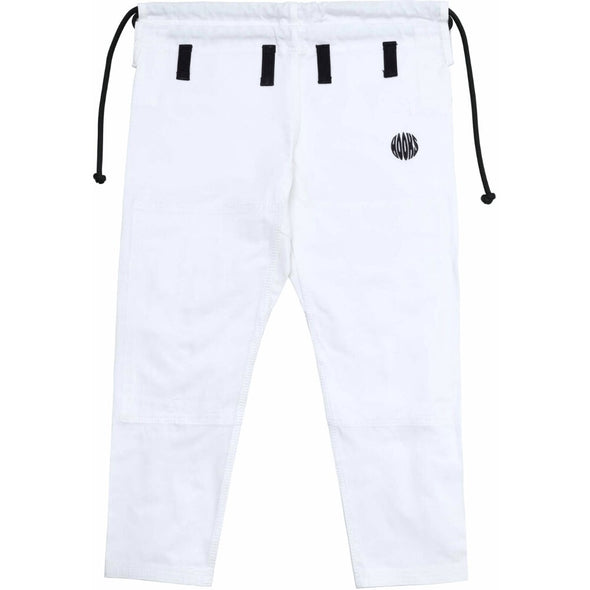 White BJJ pants with black drawstrings and logo, designed for comfort and flexibility in martial arts training