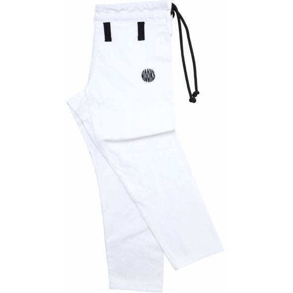 White martial arts sweatpants with drawstring waist and black loops, featuring a circular logo on the thigh
