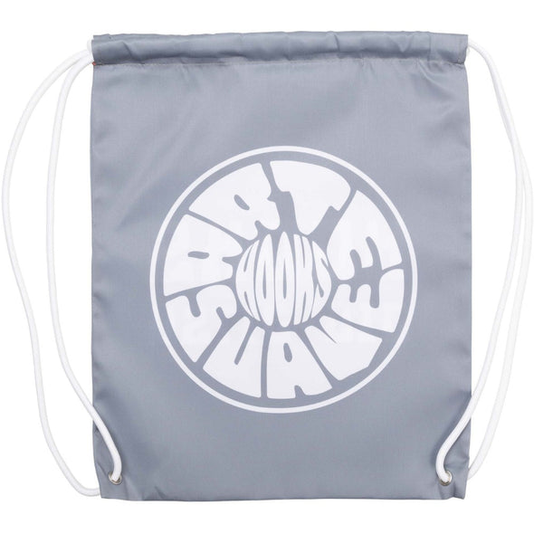 Grey drawstring bag with bold white ‘HOOKS ARTE SUAVE’ text, perfect for martial arts enthusiasts