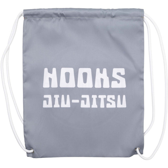 Grey drawstring bag with bold white ‘HOOKS JIU-JITSU’ text, perfect for martial arts enthusiasts