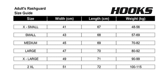 Hooks BJJ Brazilian Jiu Jitsu Rashguard Size Chart