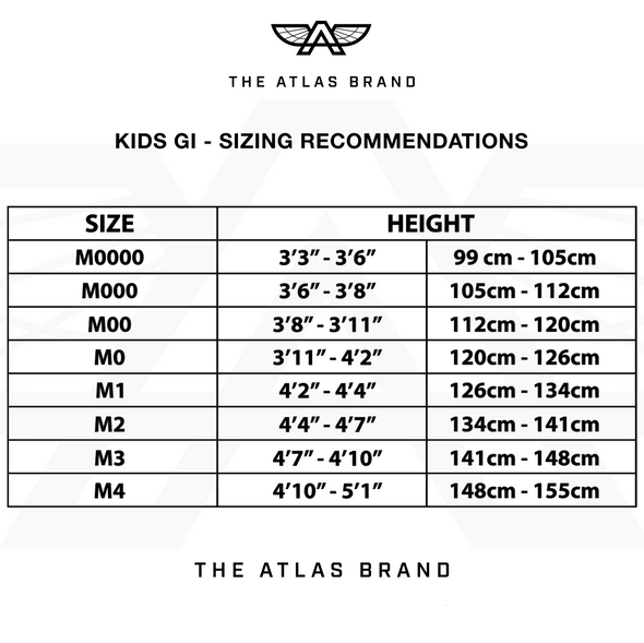 Atlas Kids BJJ Gi Size Chart Brazilian Jiu Jitsu