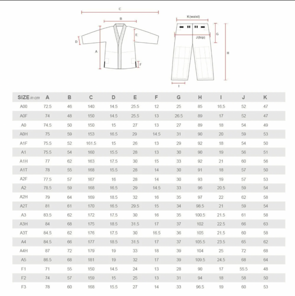 VHTS BJJ Kimono Brazilian Jiu Jitsu Gi Size Chart