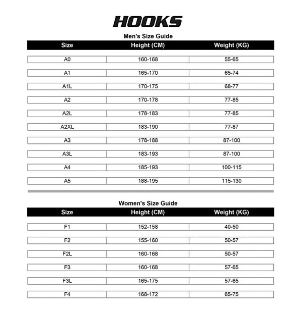 Hooks GI Prolight II, White with Black, 2024 IBJJF Legal BJJ Kimono Size Chart