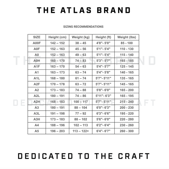 The Atlas Brand Gi Size Chart Brazilian Jiu Jitsu Kimono